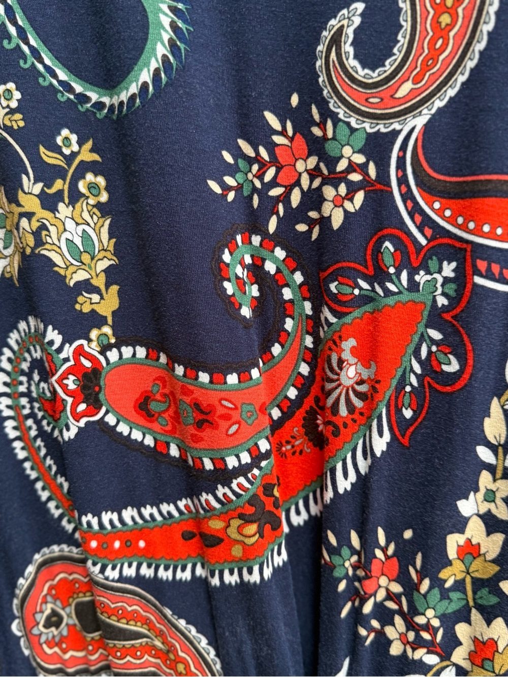 Navy Midi Dress with Red Paisley Print Ties at waist